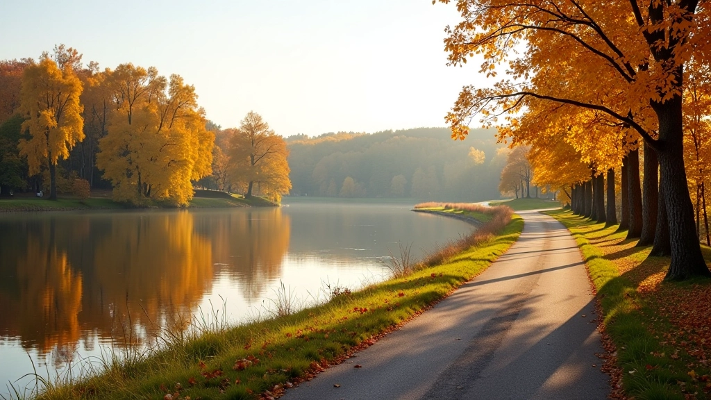 Autumn trees with golden foliage reflecting in calm water along the Daugava river cycling path