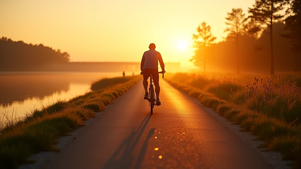 Peaceful morning scene on bike path with sun reflecting off water and distant dam structure