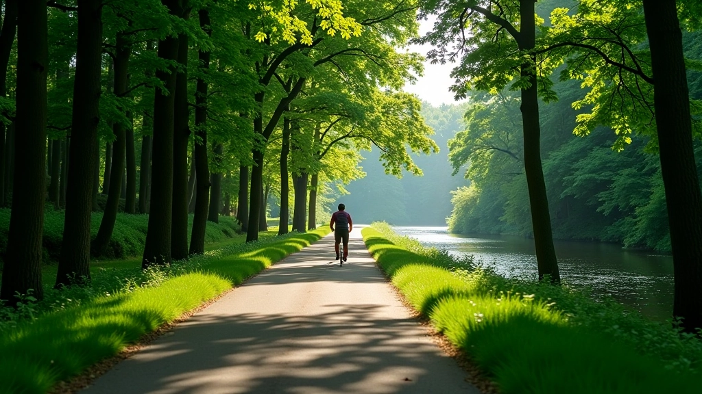 Forest canopy creating natural shade along the Daugava cycling path with dappled sunlight on the pavement