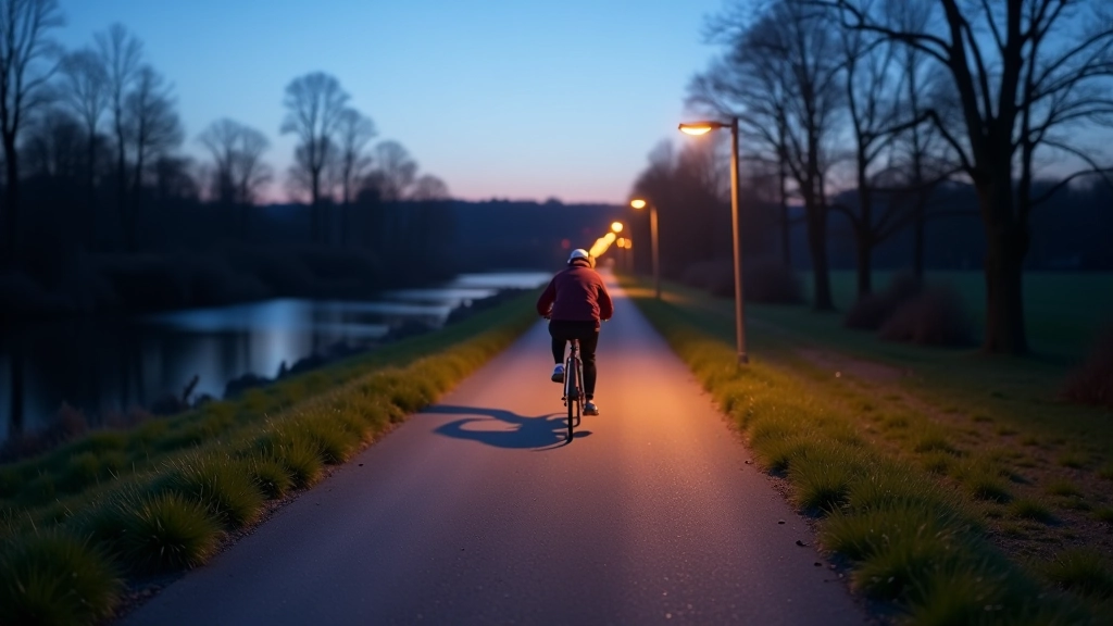 Cycling path with street lighting activated at dusk, path clearly visible and safe