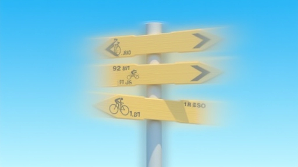 Clear directional cycling signage with distance markers and amenity icons mounted on pole