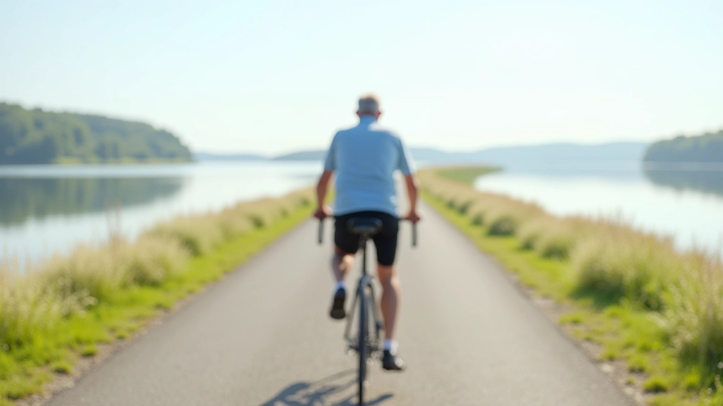 Cyclist riding on smooth paved path with water reflecting sky on both sides, flat terrain extending to horizon