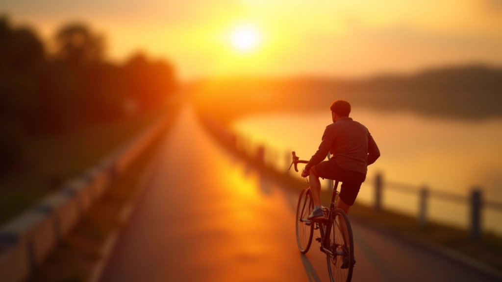 Cyclist riding during golden hour sunset with warm orange light, peaceful water surface reflecting sky colors