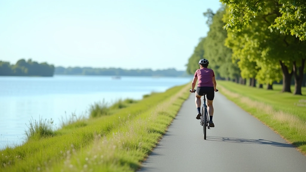 Cyclist riding on flat paved path alongside calm water reservoir with trees and sky