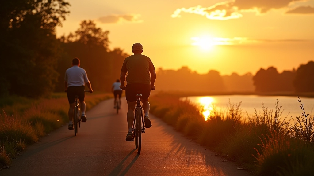 Cyclists riding on a paved path alongside calm water during golden hour, warm sunlight reflecting off the water surface