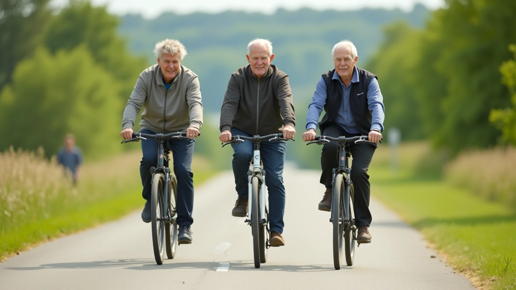 Multiple cyclists of different ages riding together on smooth paved path, relaxed pace