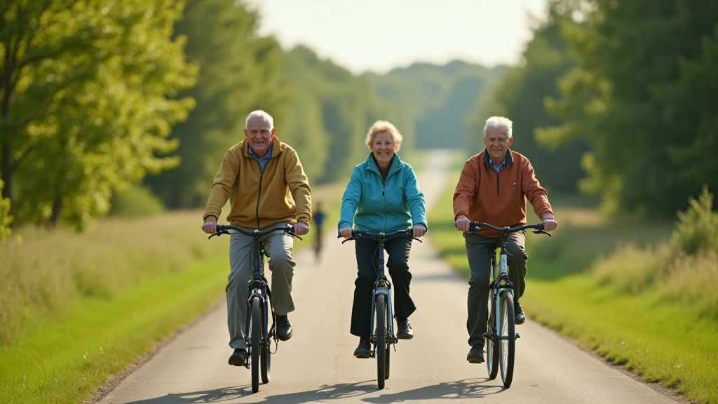 Group of older cyclists riding together on a peaceful paved path with river views in background