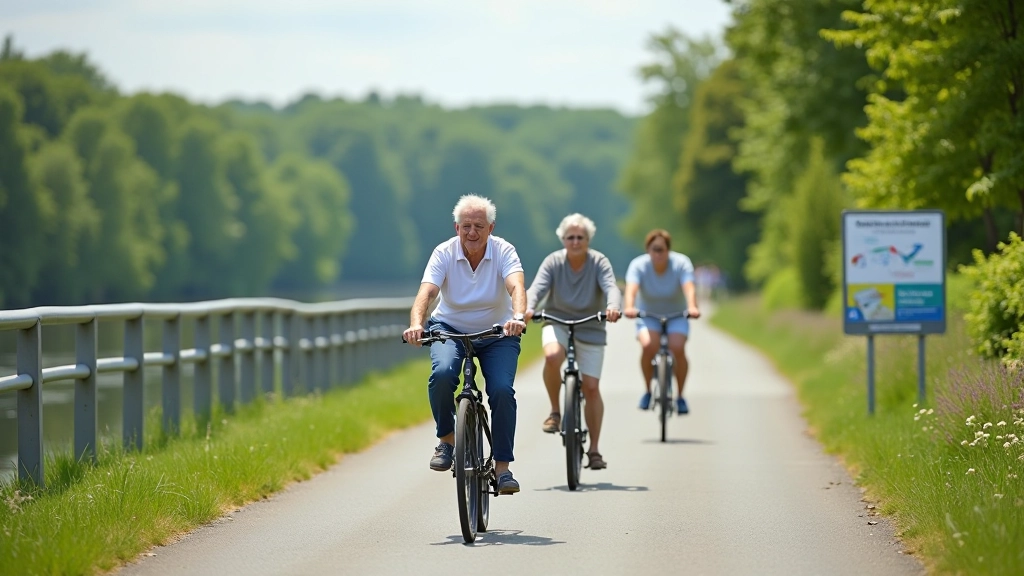 Couple cycling on well-maintained path near dam with safety railings and informational signs