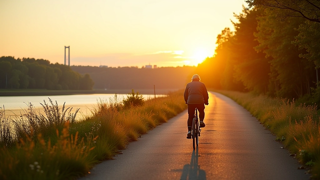 Scenic cycling path along Daugava river with hydroelectric dam in background, Riga Latvia, professional outdoor photography