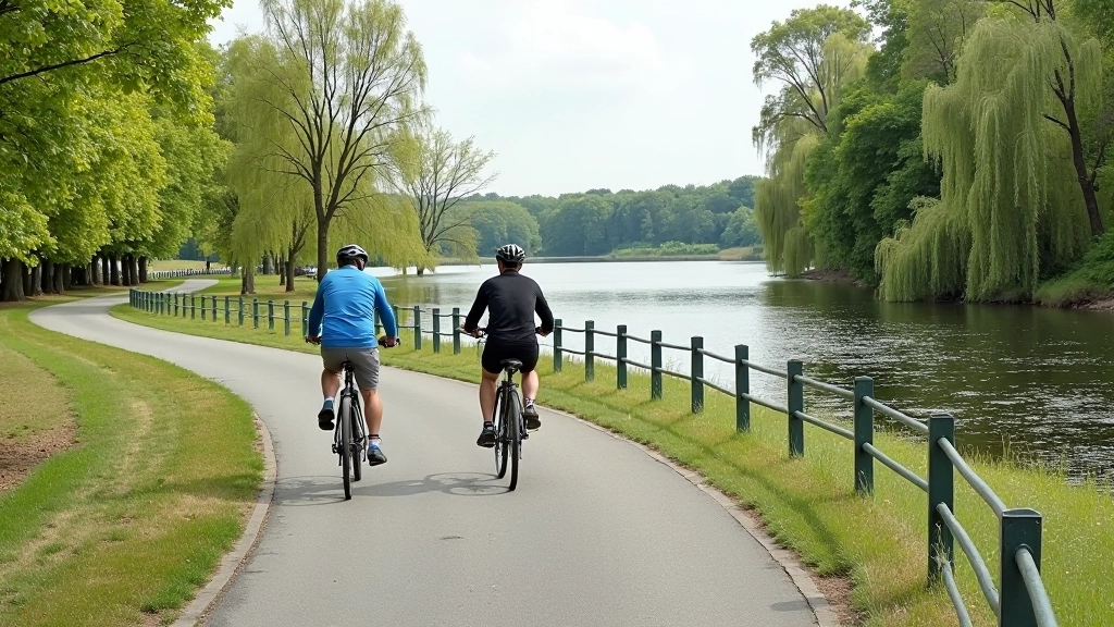 Well-maintained cycling path with clear markings and safety railings along Daugava, peaceful outdoor setting