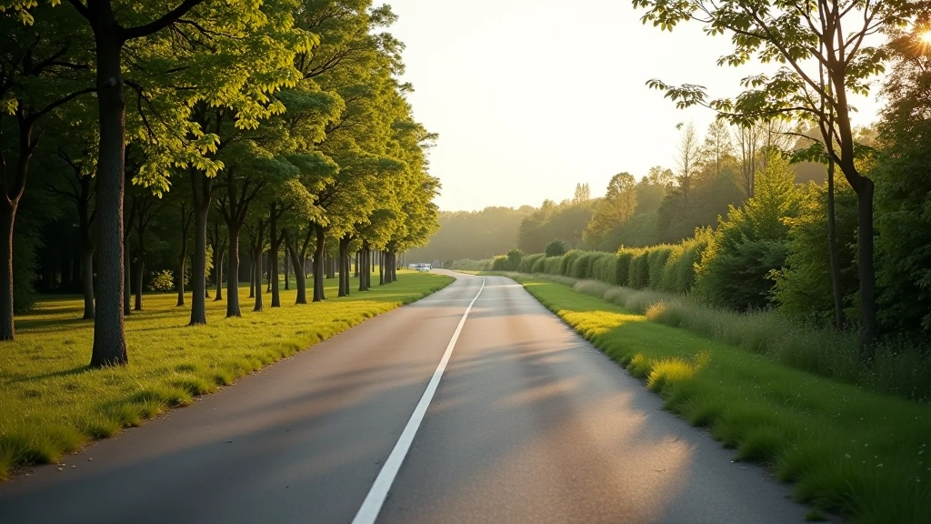 Well-maintained paved cycling path with clear markings, surrounded by mature trees, path curving gently ahead