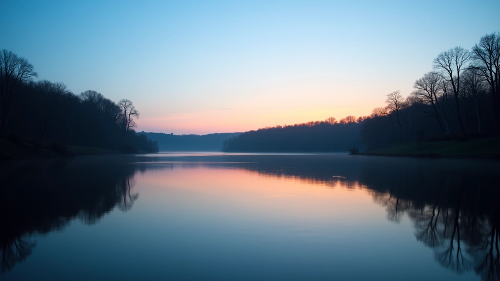 Serene reservoir water at dusk with trees reflected in still water, calm peaceful atmosphere