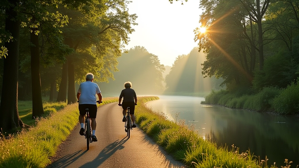 Cycling path along Daugava river with mature trees and clear water views, peaceful morning light