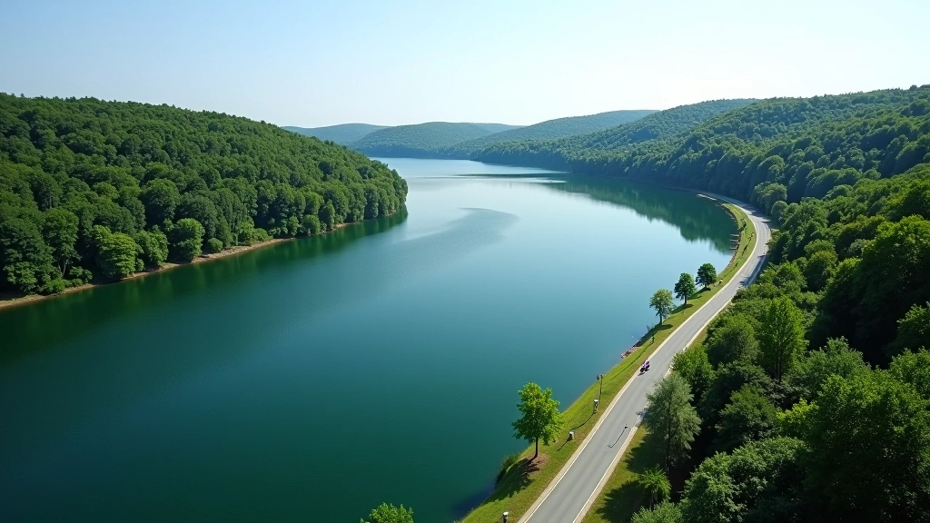 Wide overhead view of entire reservoir with marked cycling path highlighted, showing complete circuit around water with parking areas and rest points marked