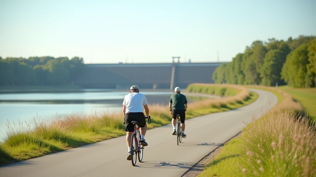 Cyclist on a scenic path with water view