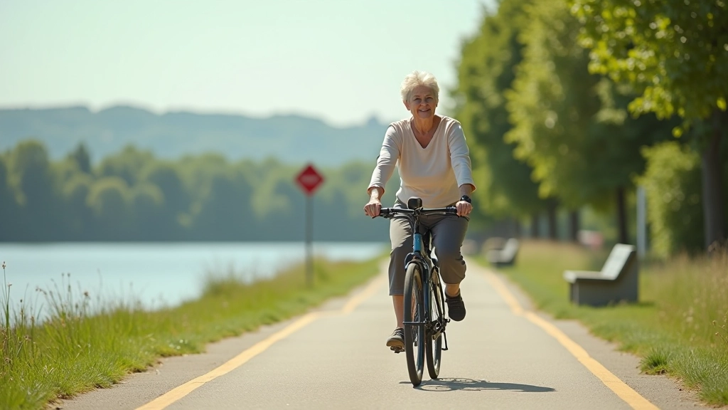 Peaceful cycling path alongside calm water with clear markings and rest shelter visible