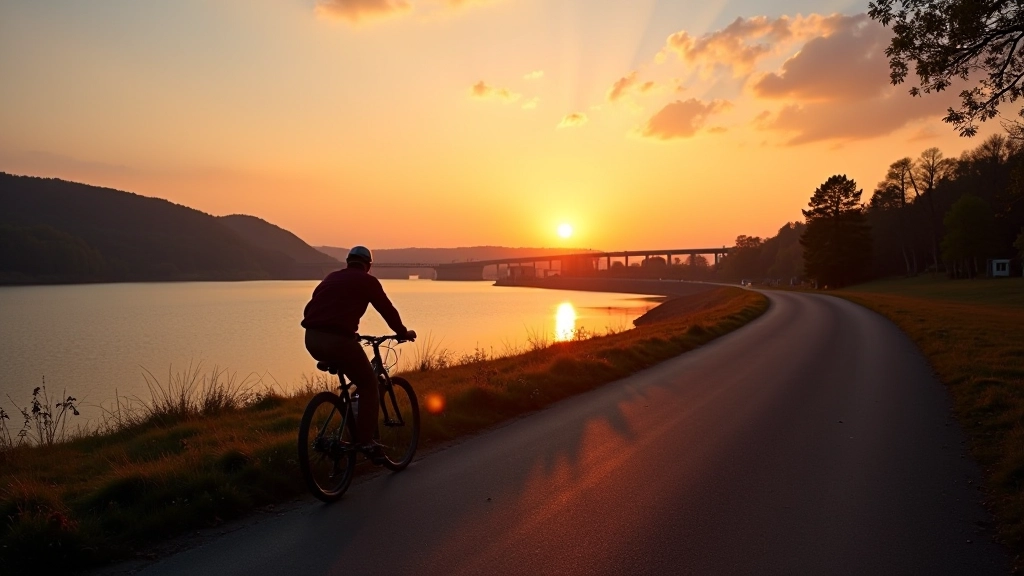 Cyclist riding toward vibrant sunset with golden light reflecting off calm water surface