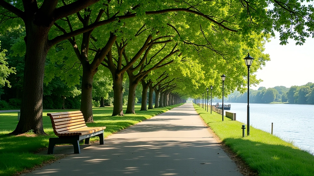 Shaded cycling path with overhanging trees, bench rest area visible, calm water reflecting sunlight