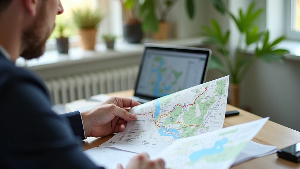 Cycling infrastructure specialist reviewing maps and route documentation in a workspace with laptop and printed cycling guides